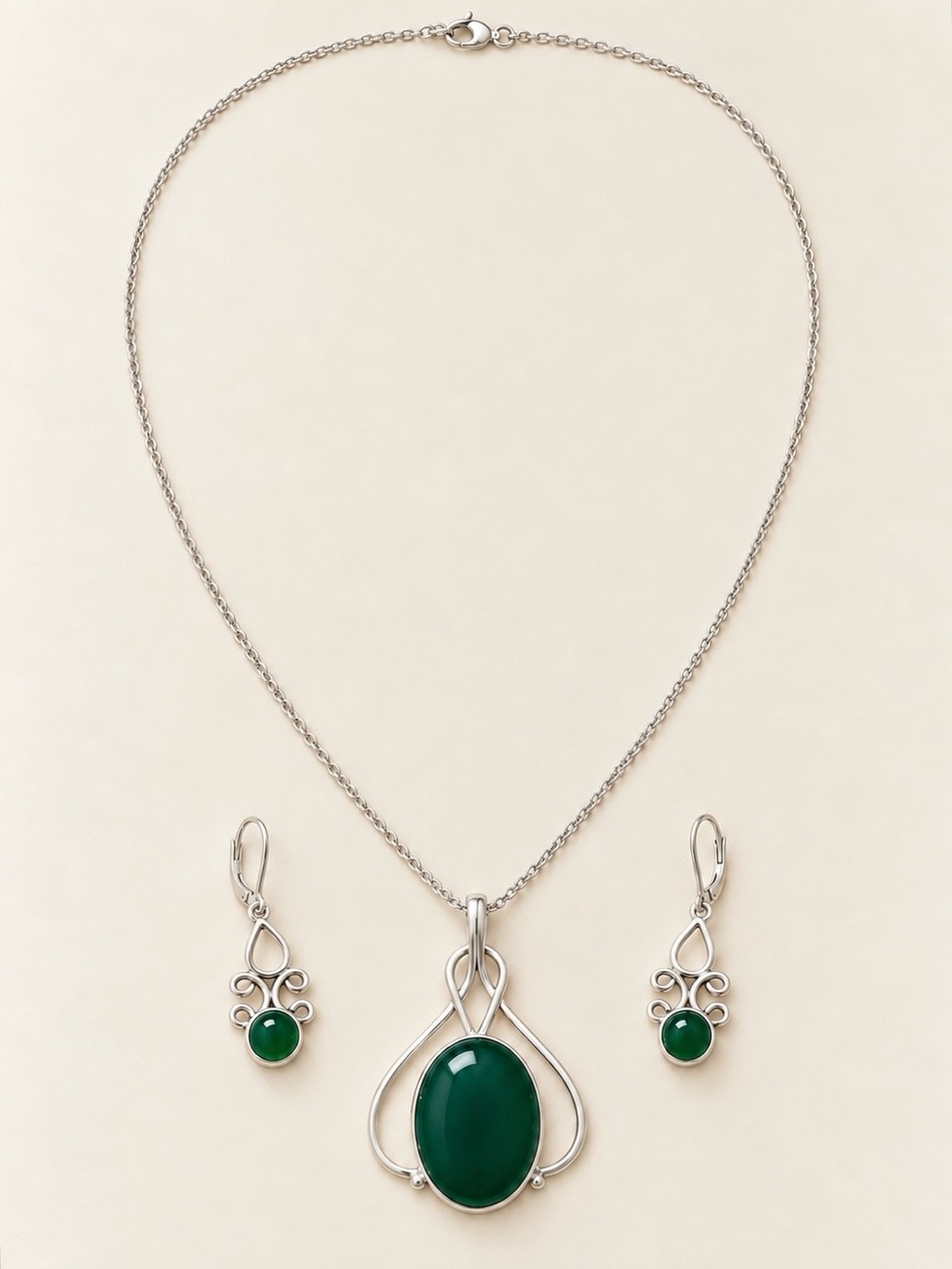 Sterling Silver Green Onyx Necklace and Earring Set